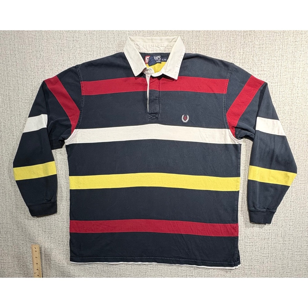 Chaps Ralph Lauren Mens XL Rugby Shirt Navy Blue Red Stripe Long Sleeve Cotton